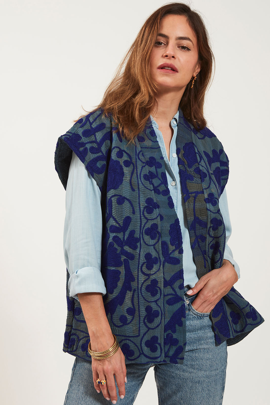 Gilet Kantha Brodé BLEU