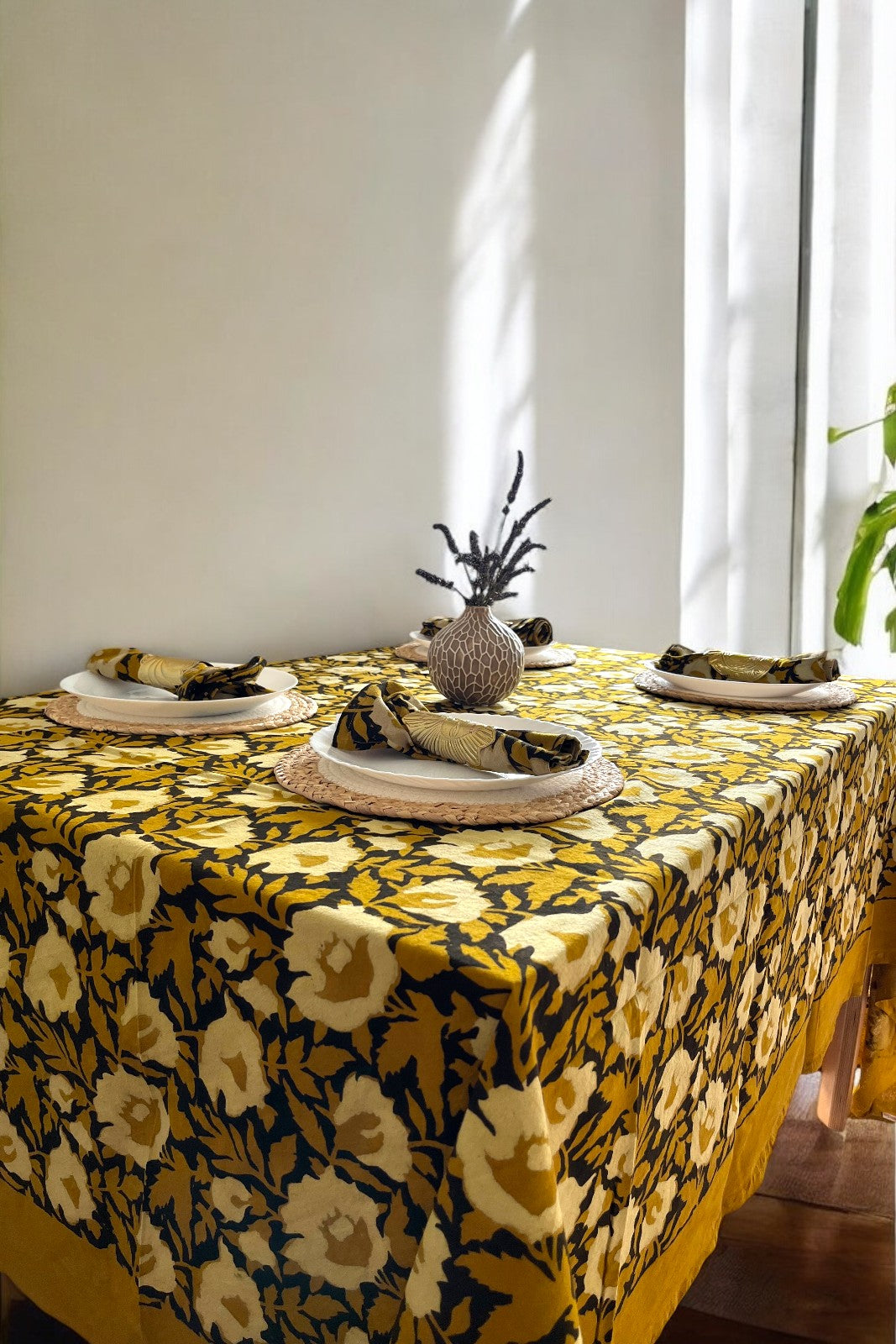 Nappe et serviettes Kalambari 250X150CM FLEURS MOUTARDE