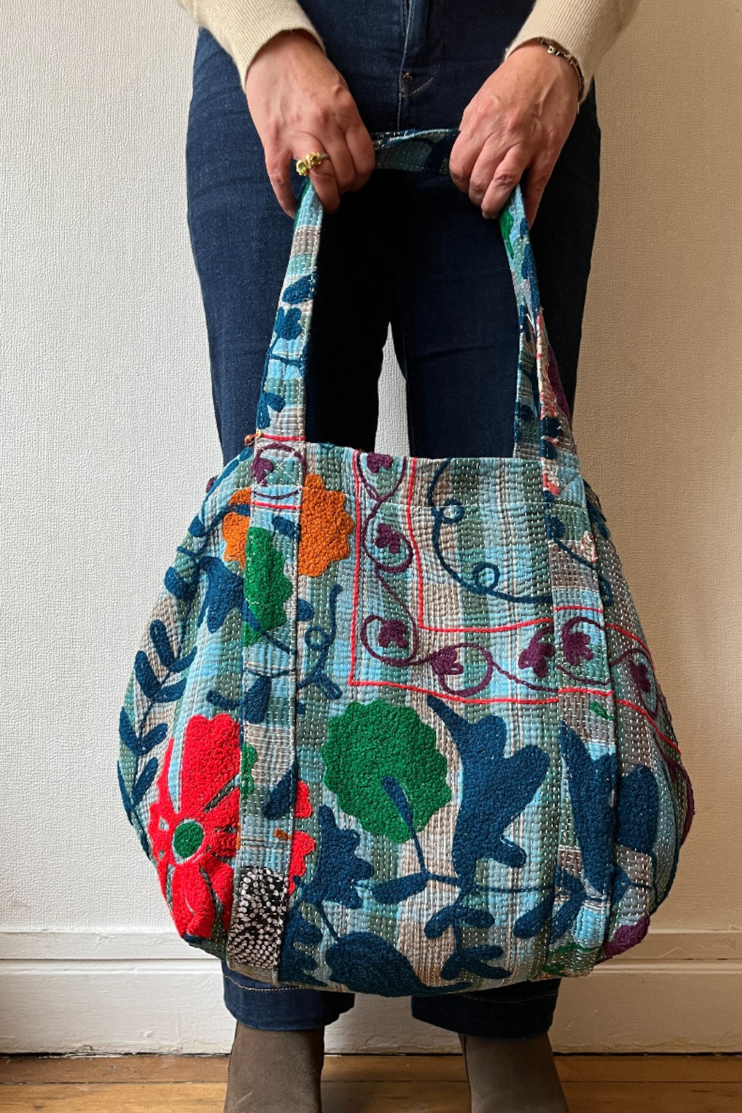 Sac cabas brodé BLEU