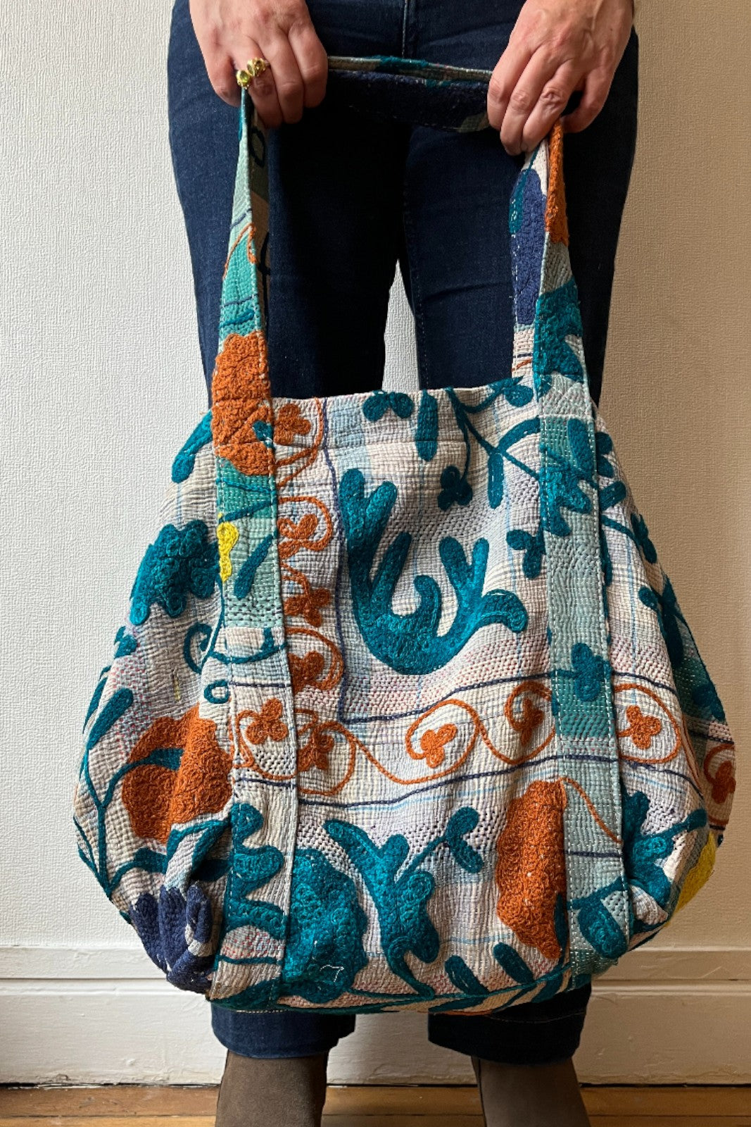 Sac cabas brodé FEUILLAGE BLEU