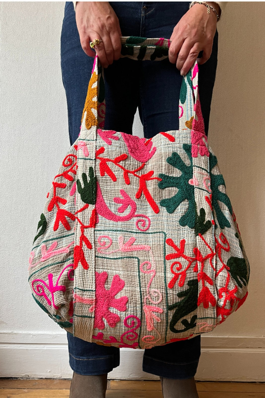 Sac cabas brodé FEUILLAGE ROSE