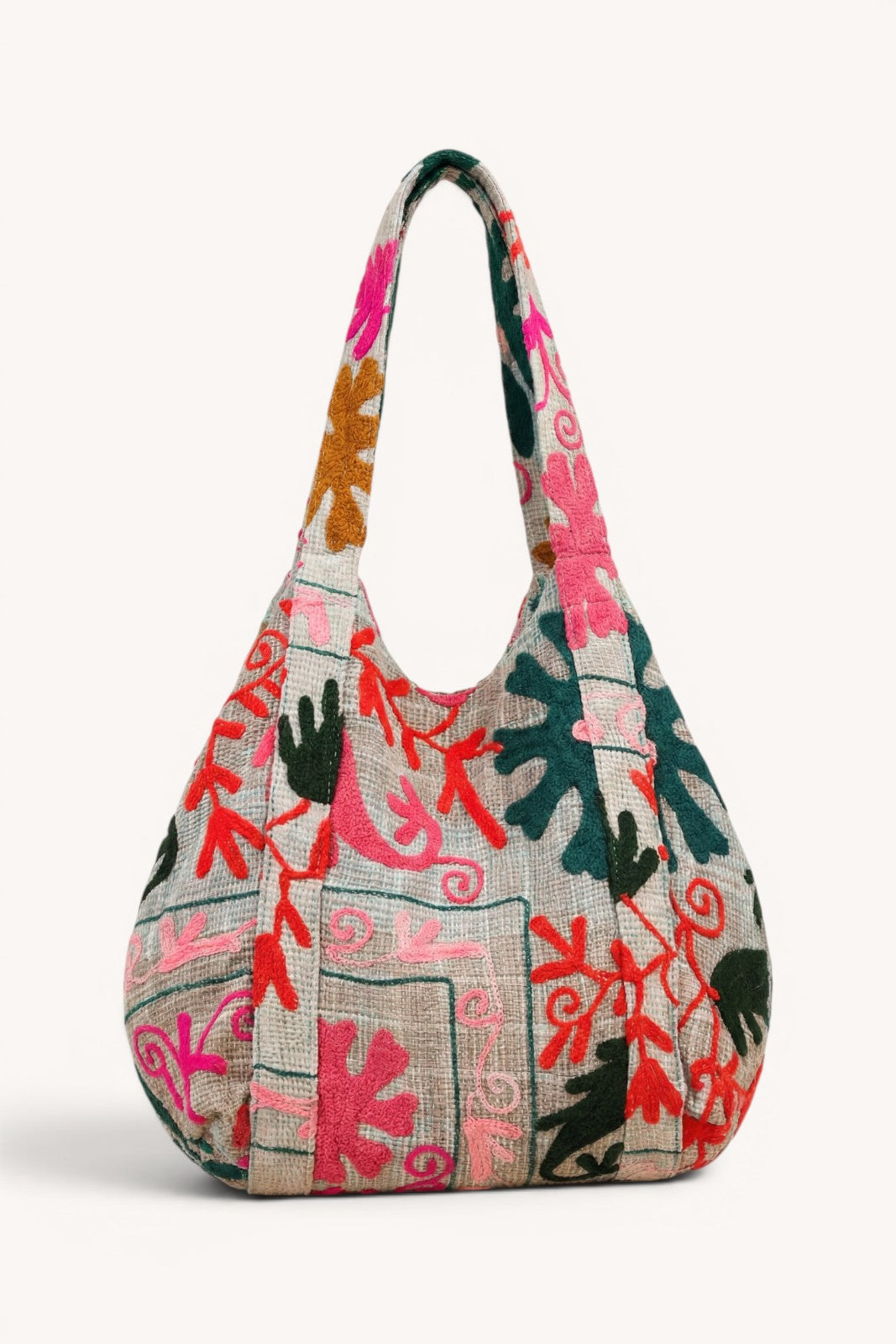 Sac cabas brodé FEUILLAGE ROSE