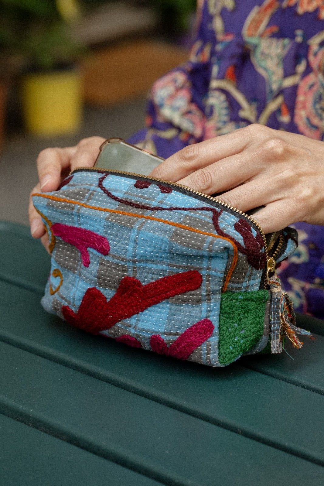 Trousse maquillage Kantha Brodé BLEU