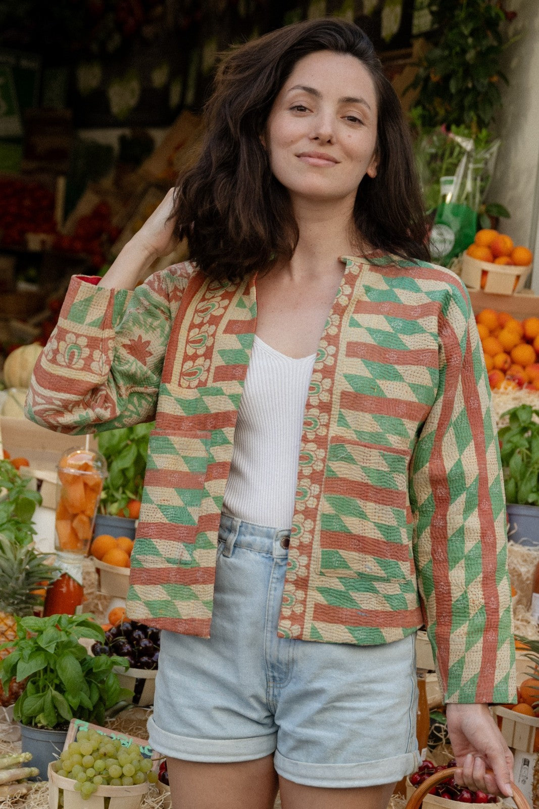 Veste Calcutta Kantha DAMIER VERT ROUGE