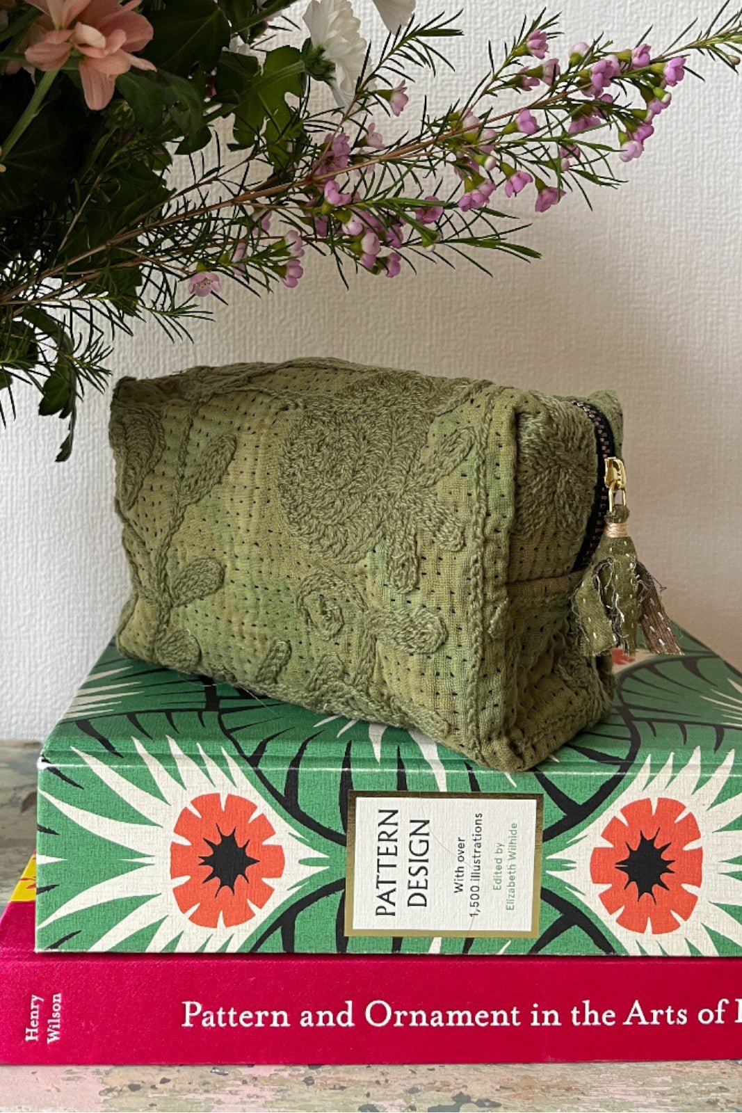 Trousse maquillage Kantha brodé uni KAKI