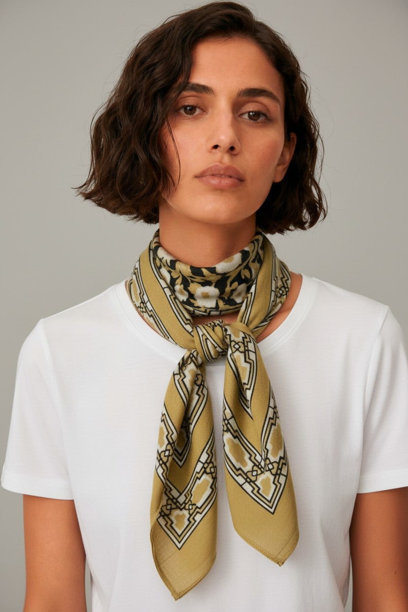 FOULARD BLOCK PRINT 90X90CM FLEURS MOUTARDE