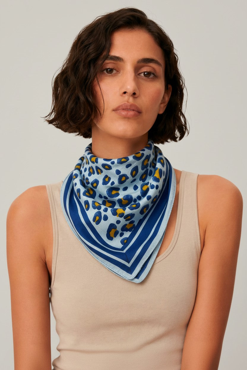 FOULARD BLOCK PRINT 90X90CM LEOPARD BLEU