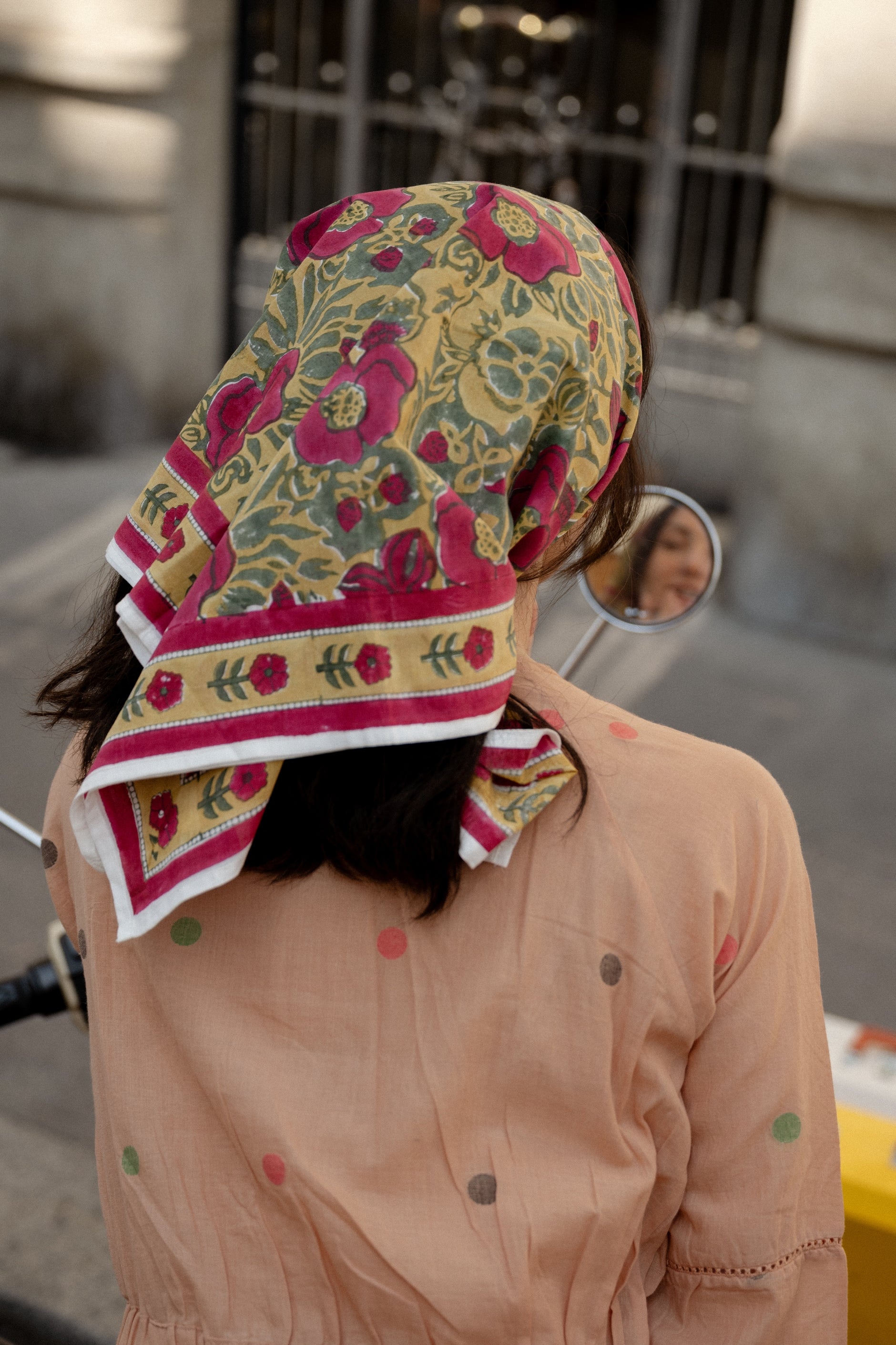 FOULARD BLOCK PRINT 90X90CM MOUTARDE ROSE