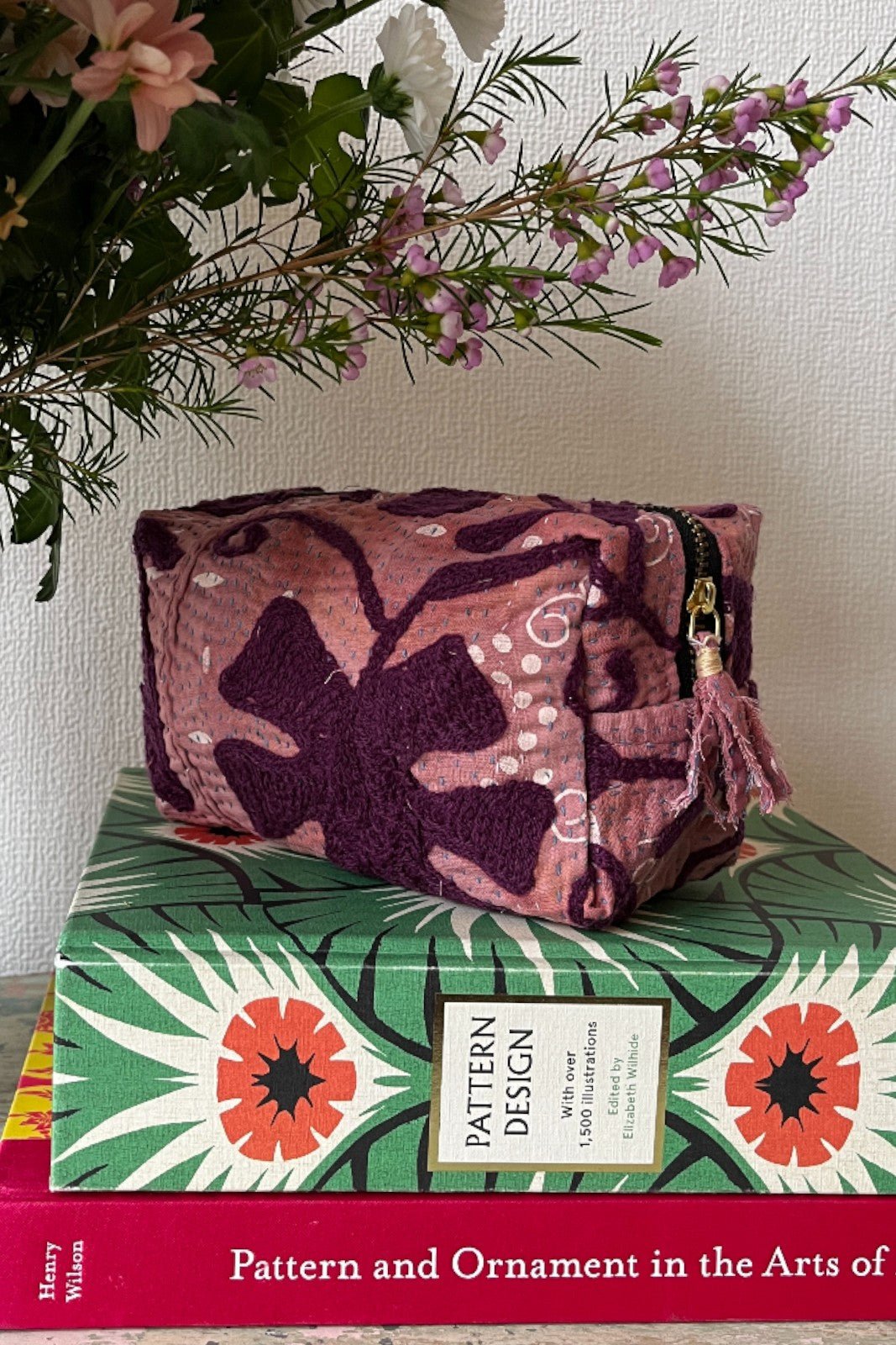 Trousse maquillage Kantha brodé uni ROSE